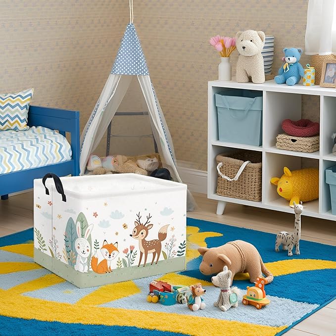 Rectangular Kids Storage Basket Baby Storage Basket with Handles for Home Kitchen Boys and Girls Cute Toy Storage Bin Organizer Shelf Book Room Decor(Flower Animal)