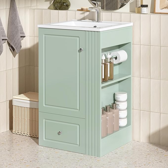 Virubi 20 in Small Bathroom Vanity with Sink,Drawer,Doors and Side Storage & Toilet Paper Holder, Solid Wood & MDF Modern Single Bathroom Sink Cabinet with Drawers,Freestanding (Green,20 in)