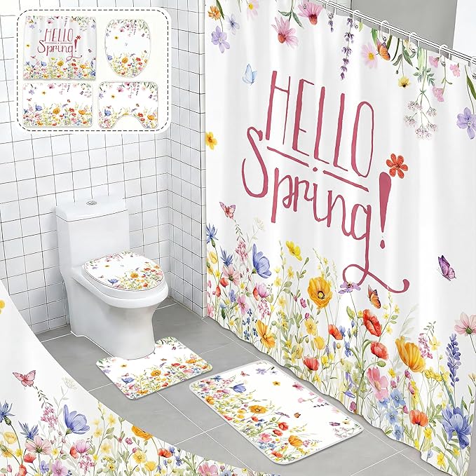 FUTBU Spring Shower Curtain Set for Bathroom, Blooming Flowers Bathroom Supplies for Spring Accessories Decor Set, Non Slip Rugs Toilet Lid Cover U Shape Bath Mat and 12 Hooks