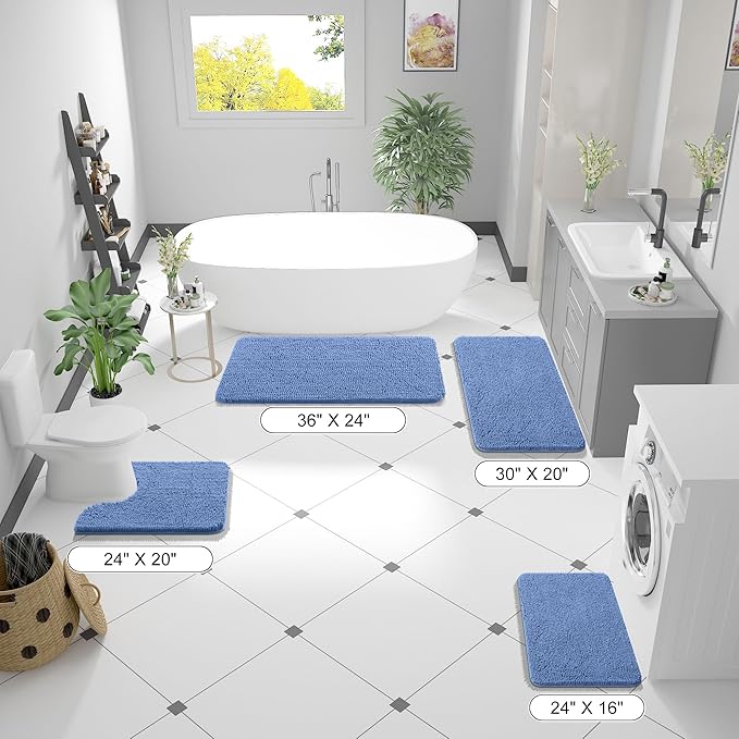 OLANLY Bathroom Rugs 47x24, Extra Soft Absorbent Chenille Bath Rugs, Rubber Backing Quick Dry, Machine Washable Bath Mats for Bathroom Floor, Tub and Shower, Home Decor Accessories, Cornflower Blue
