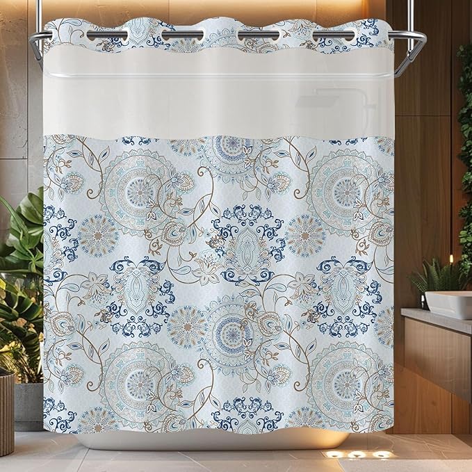 Neasow No Hook Shower Curtain with Snap in Liner, Light Blue and Navy Paisley Floral Curtains with Waterproof Inner Liner for Bathroom, Cool Teal 72×74 inches