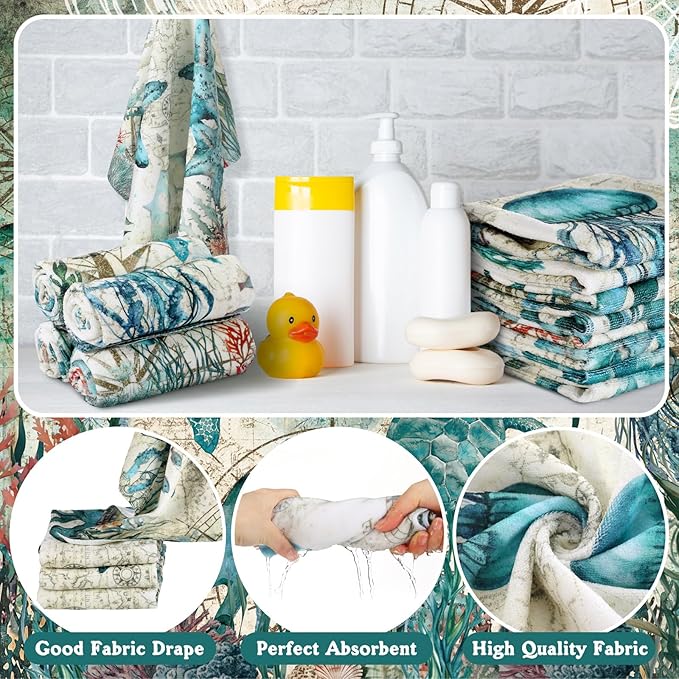 Tatuo 8 Pcs Sea Turtle Shower Curtain Set Summer Ocean Theme Bathroom Accessories Sets Decor Sea Animal Nautical Coastal Waterproof Shower Curtain with Towels Carpet Bath Mat Toilet Rugs and 12 Hooks