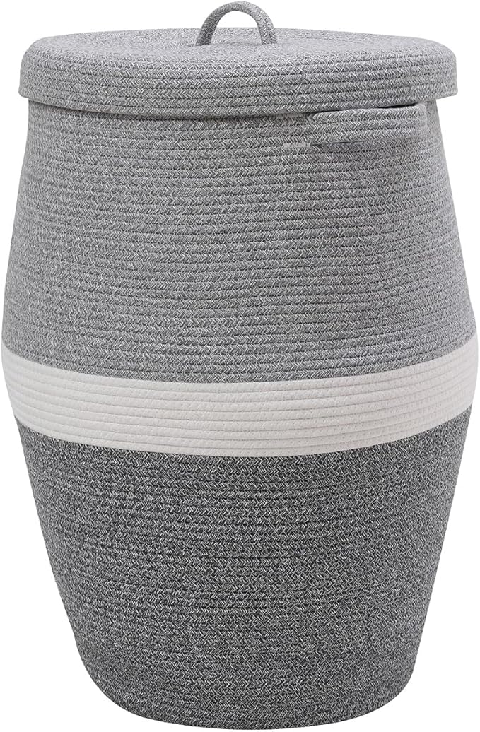 26"x20" Handcrafted Tall Cotton Rope Basket with Lid, Stylish Flagon Shape with Cover, Clothes Hamper with Top, for Bedroom and Living Room, Dual Grey