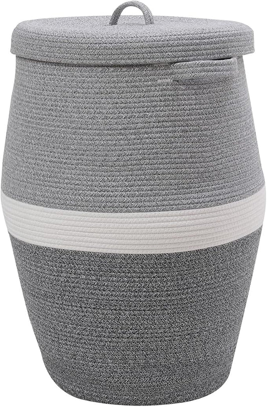 26"x20" Handcrafted Tall Cotton Rope Basket with Lid, Stylish Flagon Shape with Cover, Clothes Hamper with Top, for Bedroom and Living Room, Dual Grey