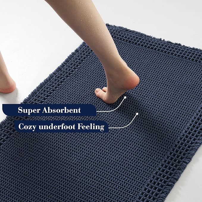 RESARE Waffle Bathroom Runner Rugs, Super Absorbent Bath Mat Non Slip Washable Quick Dry, Upgraded Ultra Soft Boho Bath Rugs with Tassels for Hallway Bedroom Laundry Room, 2'x4'(24"x48"), Navy