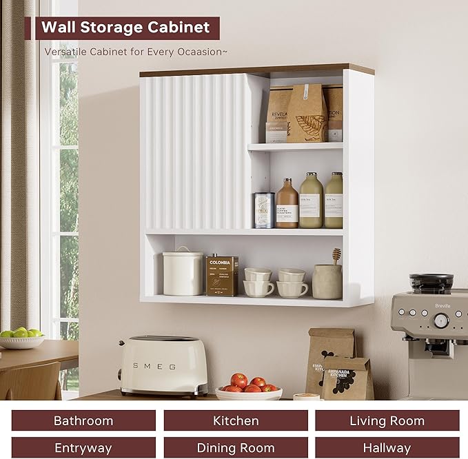 Bathroom Wall Storage Cabinet Fluted,Modern Over The Toilet Storage Cabinet Medicine Cabinet with Adjustable Shelves, Wood Curved Profile Wall Mounted Storage Organizer(White Wood, Medium)