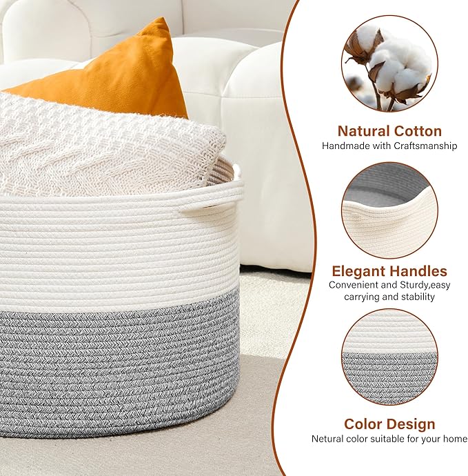Foldable Laundry Hamper Basket with Collapsible Handle Cotton Rope Soft Woven Fabric Storage Organizer Clothes Toys Nursery Bedroom Dorm Space Saving Bin (White & Light Grey, 65L(19.7"D x 12.6"H))