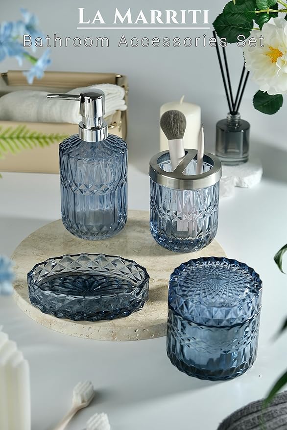 LaMarriti Blue Bathroom Accessories Set, 4Pcs Clear Glass Bathroom Decor Set, Lotion Soap Dispenser, Toothbrush Holder, Qtips Holder, Soap Dish for Crystal Modern Bath Decor, Gift Set