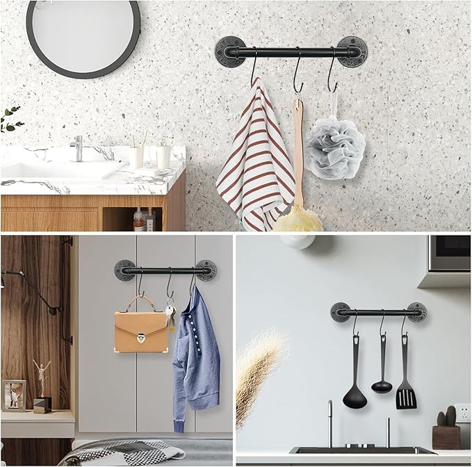 NearMoon Industrial Pipe Towel Bar, Heavy Duty Bathroom Hardware Towel Holder Accessory, Wall Mounted DIY Rustic Iron Bathroom Towel Rack Holder (12 Inch, Black)