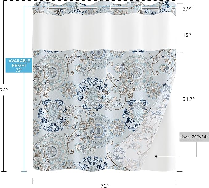 Neasow No Hook Shower Curtain with Snap in Liner, Light Blue and Navy Paisley Floral Curtains with Waterproof Inner Liner for Bathroom, Cool Teal 72×74 inches
