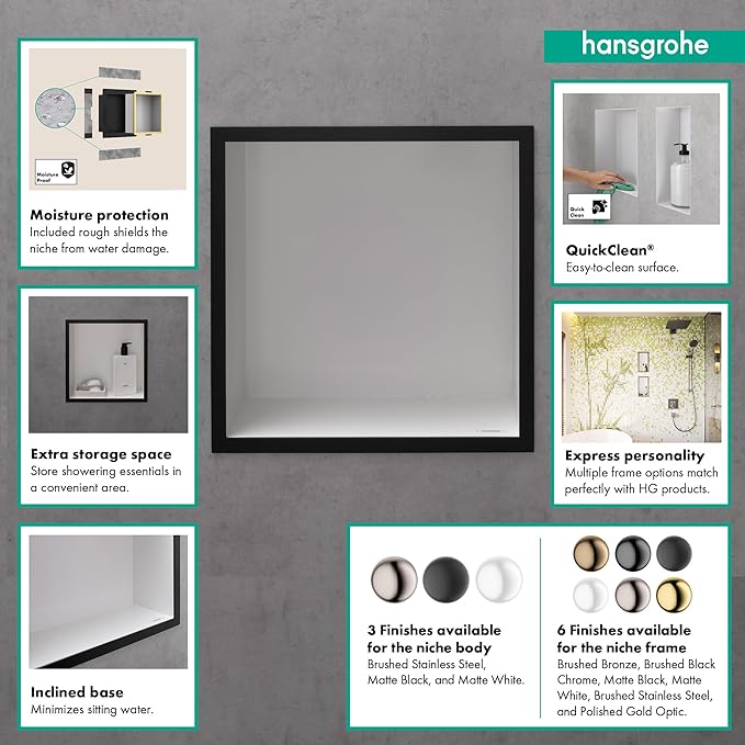 hansgrohe XtraStoris Individual Recessed Wall Niche Matte White with Design Frame 12"x 12"x 4" in Matte White, 56099700