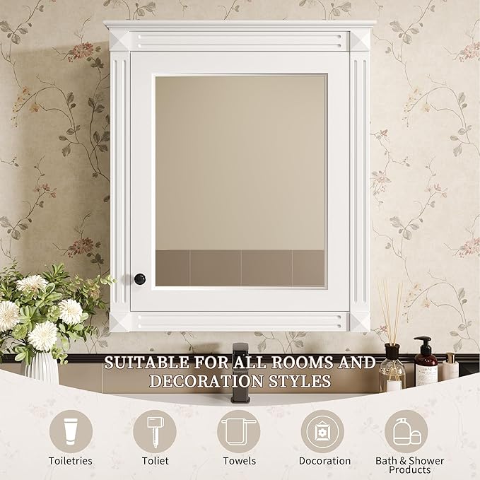 Merax Bathroom Medicine Cabinet with Mirror Door & Adjustable Shelves, 24" x 28" Wall Mounted Storage Cabinet Over Toilet