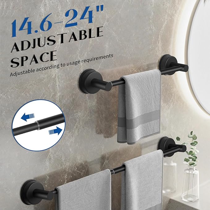 Adjustable Suction Cup Towel Bar for Bathroom Wall, 14.6–24 Inches Black Towel Bar, Stainless Steel Bath Towel Holder, Towel Racks for Bathroom Shower (Matte Black, 2 Pack)