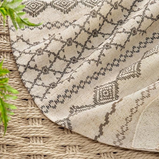 Boho Linen Shower Curtain for Bathroom,with Striped Print and Twine-Inspired Woven Center,72" W x 90" L,Beige