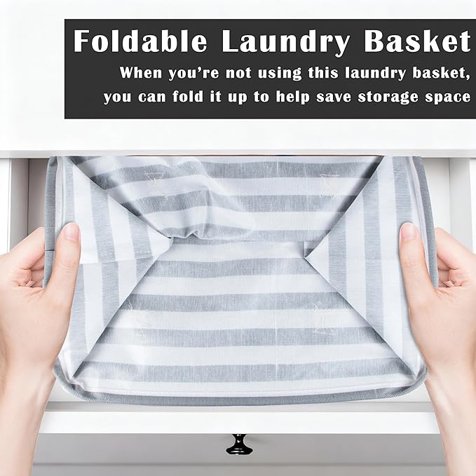 Large Laundry Basket ，75L Waterproof,Collapsible Laundry Hamper with Extended Handles for Clothes in the Family Dorm (Vertical Stripe Grey)