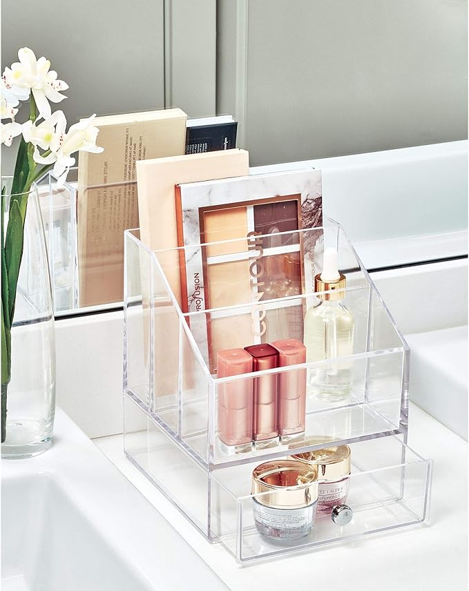 iDesign Clarity Cosmetic Palette Organizer with Drawer for Vanity or Cabinet to Hold Makeup, Beauty Products, Hair Accessories - 3 Compartments - Clear