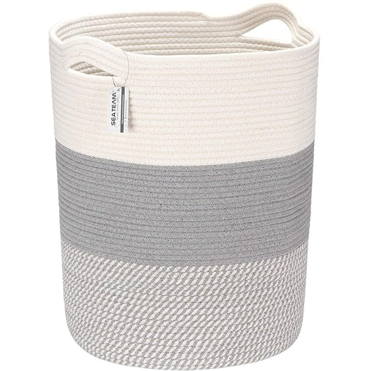 Sea Team Large Size Cotton Rope Woven Storage Basket with Handles, Laundry Hamper, Fabric Bucket, Drum, Clothes Toys Organizer for Kid's Room, 20 x 14 inches, Round Open Design, White & Mottled Grey