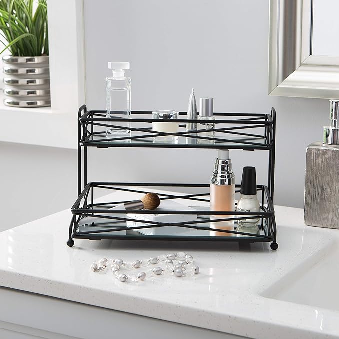 Home Details Mirrored, Perfect for Perfumes, Jewelry, Makeup, Cosmetic Organizer, Stylish Decor in Matte Black 2 Tier Vanity Tower