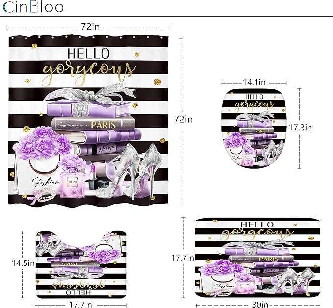 Cinbloo 4Pcs Black and Purple Shower Curtain Set,High Heels Perfume Striped Bathroom Curtain with Rug, Toilet Lid Cover, Bath Mat, Modern Floral Flower Magazine Books Shower Curtain with 12 Hooks
