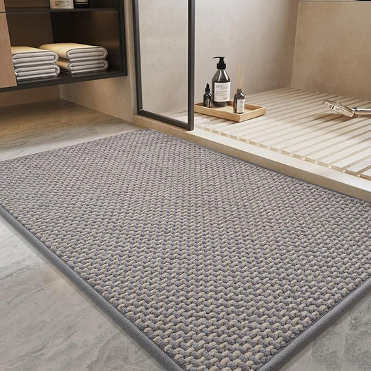 PADOOR-Bath Mat-Super Absorbent Chenille Bathroom Mats-Rubber Backed Bath Mats for Bathroom Non Slip, Easy Clean Bathroom Rugs Front of Bathtub,Shower Room,Sink-17×35, Grey&Beige