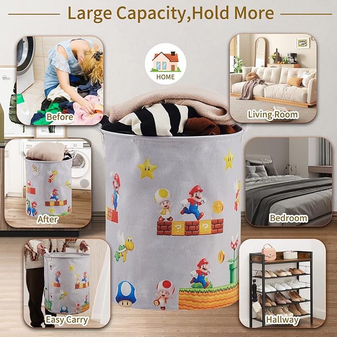 Super Storage Basket,Baby Laundry Large Hamper,Waterproof Nursery Bedroom Decor,Brothers Dirty Clothes Basket for Kids,Boys and Girls Birthday Gift Bag Bathroom Set Toy Bin(Grey,Round)