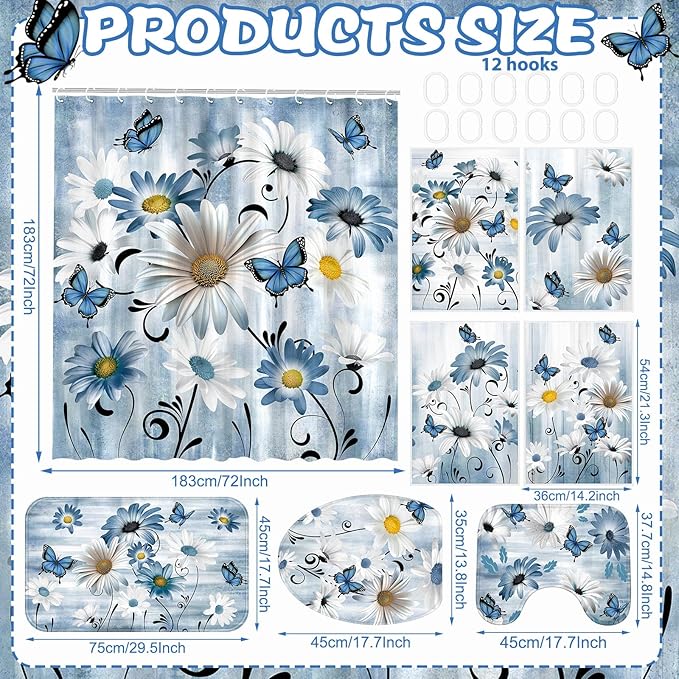 FuWeave 8 Pcs Rustic Farmhouse Shower Curtain Sets for Bathroom Daisy Floral and Butterfly Shower Curtain Sets with Rugs, Flowers Towels, Non-Slip Rug, Toilet Lid Cover, Bath Mat and 12 Hooks (Blue)
