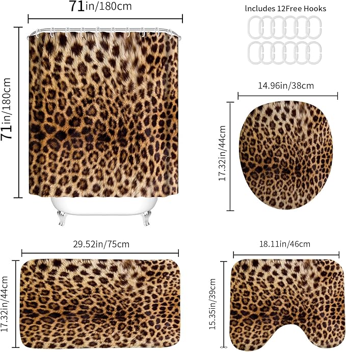 4 PCS Leopard Shower Curtain Cheetah Print Shower Curtain Sets Non Slip Bathroom Rugs Soft Plush Bath Mat Toilet Lid Cover Animal Print Shower Curtain with 12 Hooks for Bathroom Tub, Brown