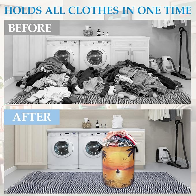 Tropical Palm Laundry Basket,Sunset Sea Beach Laundry Hamper, Collapsible Clothes Toy Storage Bin for Bathroom Bedroom Room Decor 16" X 20.8"
