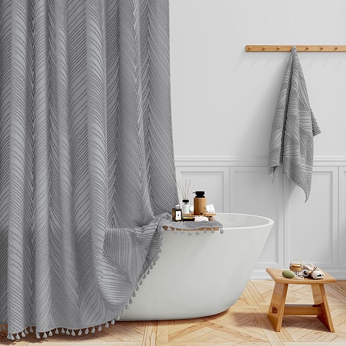 BTTN 72x96 Shower Curtain - Extra Long Boho Tufted Leaves Textured Striped Tassel Shower Curtain Set with 12 Hook, Modern Farmhouse Vintage Country Aesthetic Shower Curtains for Bathroom, Grey/Gray