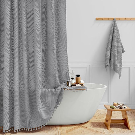BTTN 72x96 Shower Curtain - Extra Long Boho Tufted Leaves Textured Striped Tassel Shower Curtain Set with 12 Hook, Modern Farmhouse Vintage Country Aesthetic Shower Curtains for Bathroom, Grey/Gray