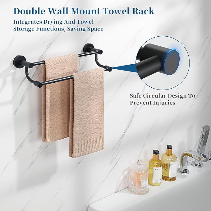 Alise Double Towel Bars,16 Inch Towel Rack for Bathroom, Wall Mount Towel Holder, Quick Drying Towel Hanger SUS304 Stainless Steel Towel Rail, Matte Black, GOY4400-B