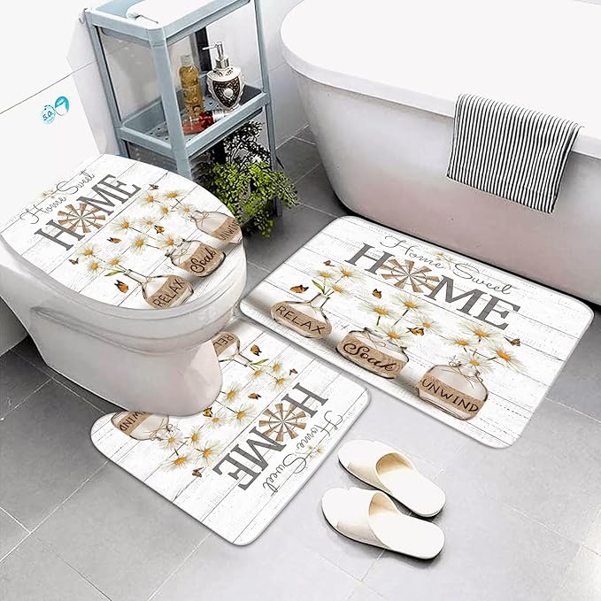 ALEXEX 4 PCS White Daisy Shower Curtain Sets,Home Sweet Bathroom Set with Shower Curtain and Rugs and Accessories,Farmhouse Country Shower Curtain Bathroom Decor with 12 Hooks,72 X 72 Inches