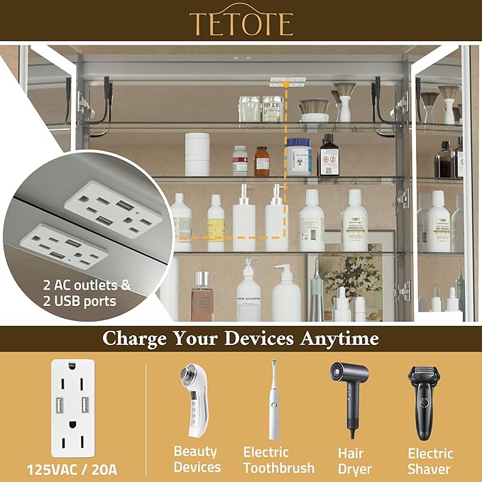TETOTE LED Lighted Bathroom Medicine Cabinet Mirror with Lights 36 x 30 Recessed or Wall Mounted Cabinet with 2 Door, Tempered Glass, Outlets & USB, 3-Color Stepless Dimming, Defog, Adjustable Shelf