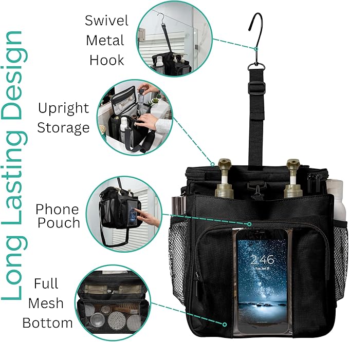 TERRA HOME Portable XL Shower Caddy Bag - College Dorm Room Essentials for Men, Women, Students - Foldable, Water Resistant with Hanging Keychain Hook and Shoulder Strap Shower Organizer Bag (Black)