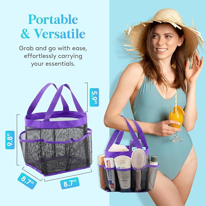 Lifewit Mesh Shower Caddy Portable for College Dorm Room Essentials with 7 Pockets, Freestanding Hanging Organizer Basket, Quick Dry Tote Bag for Camping, Bathroom, Beach, Travel, 1 Pack, Purple