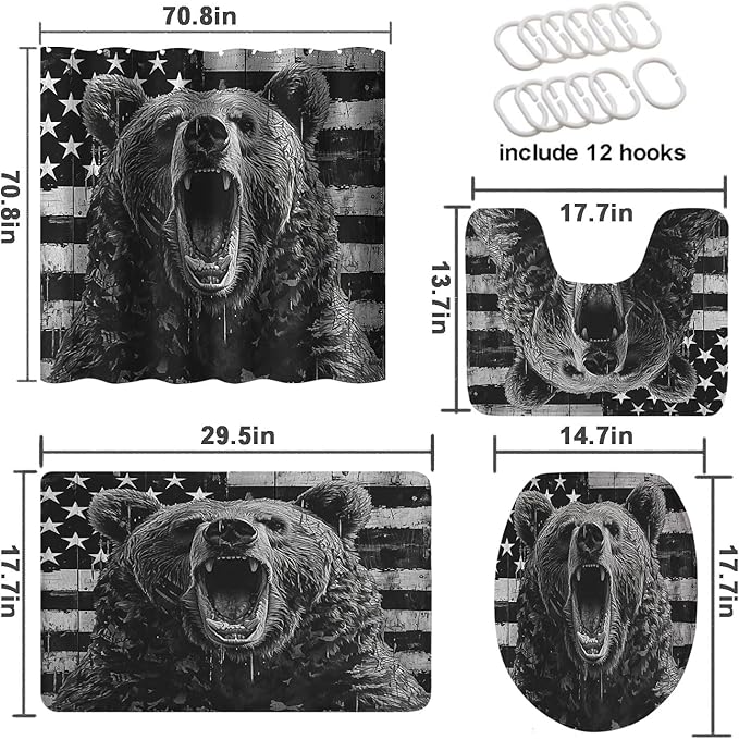4 Pcs Country Bear Shower Curtain Set with Non-Slip Rugs, Toilet Lid Cover and Bath Mat, Rustic Hunting Camo American Flag Black and White Bathroom Shower Curtain with 12 Hooks Accessories Decorative
