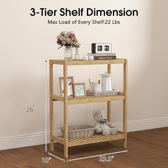 AIIT 3-Tier Bamboo Bathroom Shelf - 26" H Storage Shelves, Narrow Stand Rack Shelving Unit for Living Room Bedroom Kitchen, Nature