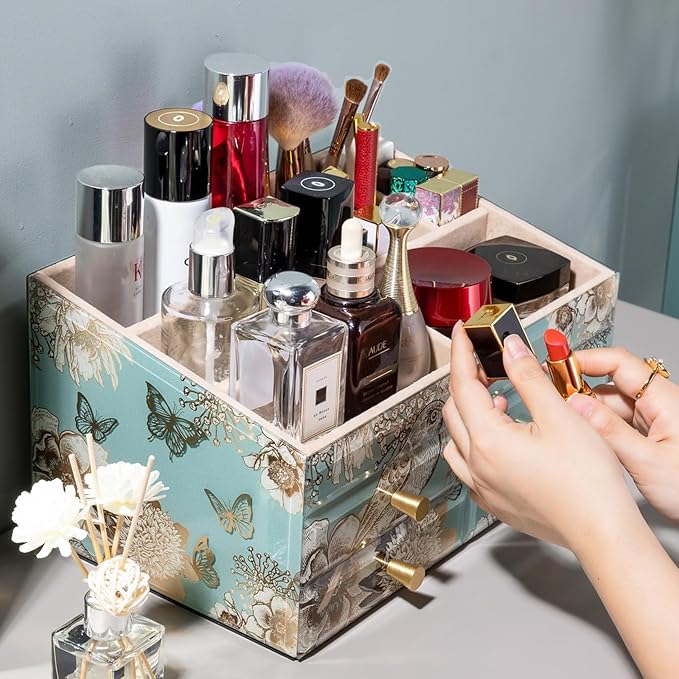Glass Makeup Organizer for Vanity - Vanity Case with Drawers & Velvet Lining, Countertop Organizer for Lipstick, Brushes, Skincare, Perfume - Valentine's Day Gifts for Women