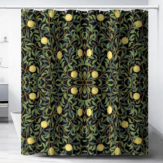 Vintage Botanical Shower Curtain William Morris Designs Green Jungle Fruit Print Shower Curtain Set Polyester Interior Waterproof Shower Curtain with 12 Hooks 72x72 Inches(183x183cm)