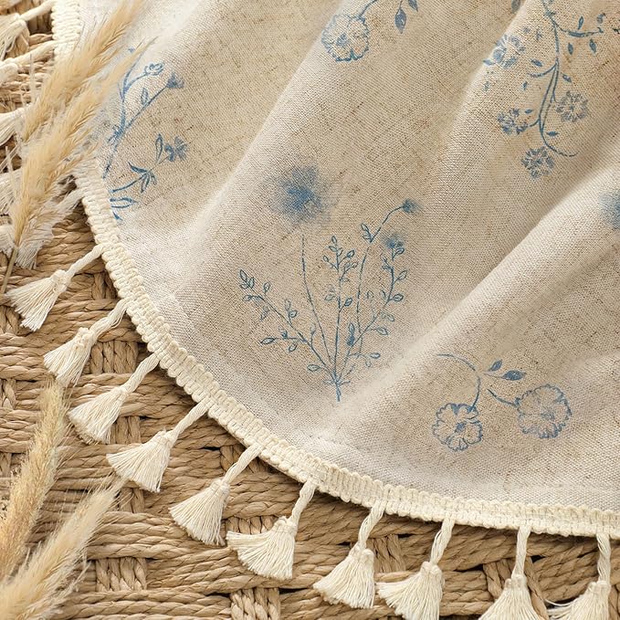 Blue Vintage Linen Shower Curtain, French Country Shower Curtains for Bathroom with Tassels, 72Wx72H