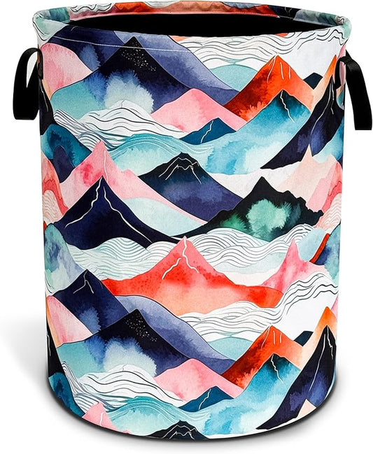 Mountains Waves Laundry Basket Colored Mountain Foldable Oxford Cloth Funny Tote Bag Laundry Hamper Clothes Storage Bucket Toy Organizer For Bathroom/Laundry Storage/Bedroom 18.9x16.5 In