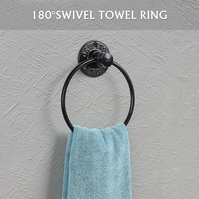 Bathroom Hardware Fixture Set Industrial Towel Bar Sets with Paper Towel Rack Wall Mount Hand Towel Holder Roll Ring Toilet Paper Holder and Pipe Robe Towel Holder Hanger for Farmhouse Home, 7 Pieces