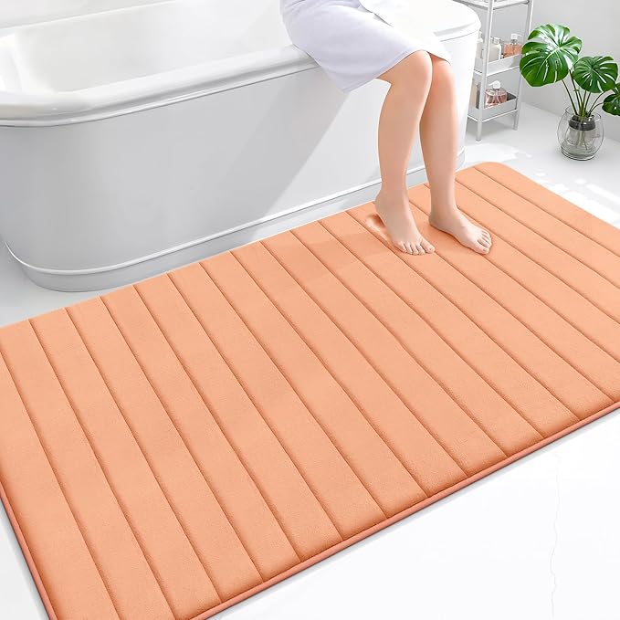 OLANLY Memory Foam Bath Mat 70x46, Super Soft Absorbent Bathroom Rugs, Quick Dry, Machine Washable Shower Floor Rugs, Bathmat Carpet, Bathroom Home Decor Accessories, Peach