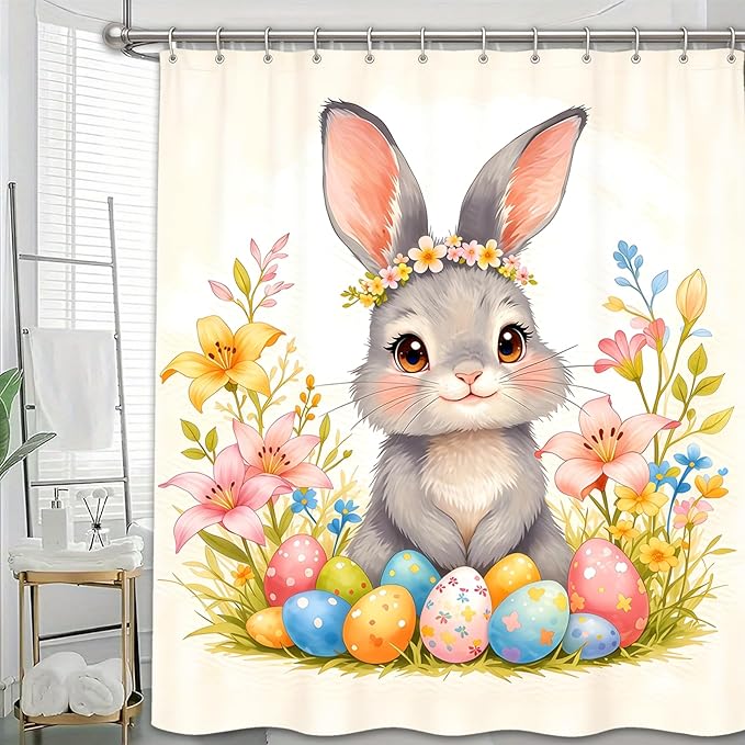 Dreamrflove Easter Bunny Shower Curtain Easter Shower Curtain Set Spring Floral Cute Rabbit Bathroom Shower Curtain Polyester Insulated Home Decor 72x72 InchHolidayDecoration
