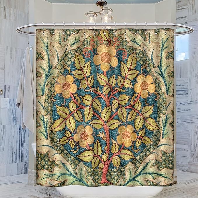 William Morris Botanical Art Shower Curtain,Vintage Famous Floral Shower Curtain Set 66""×72"" Inch, Style-5