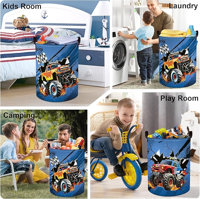 Racing Car Baby Laundry Hamper with Handle Clothes Kids Storage Basket Collapsible Boys Gift Toy Box Bin for Nursery Room, Blue, 63L
