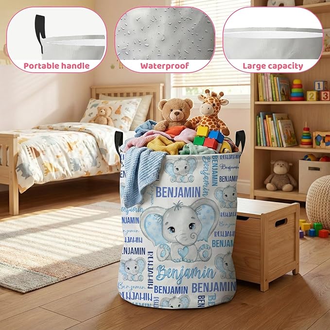 Custom Elephant Laundry Baskets,Cute Personalized Elephant Gifts for Girls,Kids Laundry Hamper,Collapsible Clothes Storage Organizer,One Size
