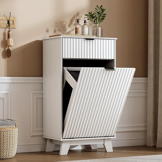 Double Tilt Out Laundry Hamper Cabinet, 20 Gallon Wooden Trash Can Cabinet with Storage Drawers, Hidden Fluted Garbage Can Holder for Kitchen, Living Room (White, 20.47" W x 35.83" H x 13" D)