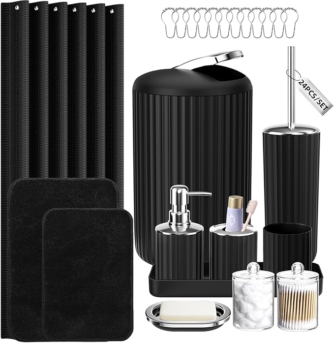 XLHOMO 24 PCS Black Bathroom Accessories Set with Shower Curtain and Rugs, Bathroom Sets with Extra Soft and Absorbent Bath Rugs Shower Curtain Black Bathroom Sets for Bath