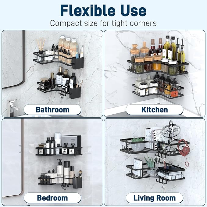 Sitlais Corner Shower Caddy – 5-Pack Rustproof Metal Wall Mounted Shelves with 2 Storage Boxes & 18 Hooks, Adhesive Shower Organizer, Bathroom Corner Shelf, No-Drill, Space-Saving, Durable Black